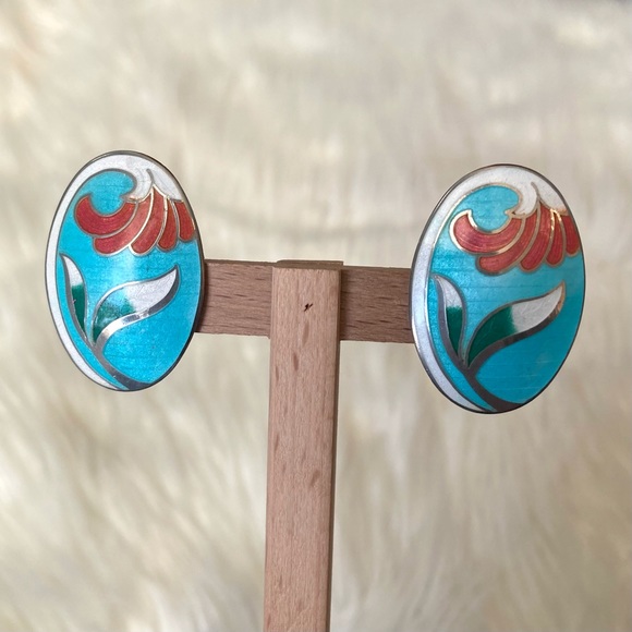 80s Vintage Cloisonné Earrings Floral Lily Blue Statement Classic Chic Art Deco - Picture 6 of 10